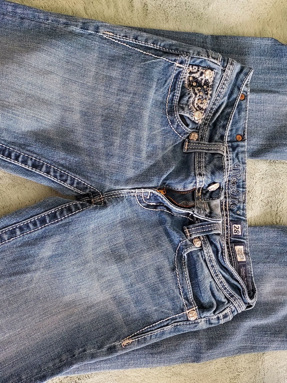Miss Me Light Blue Straight Leg Jeans with Embroidered Pocket Size 28 Like New